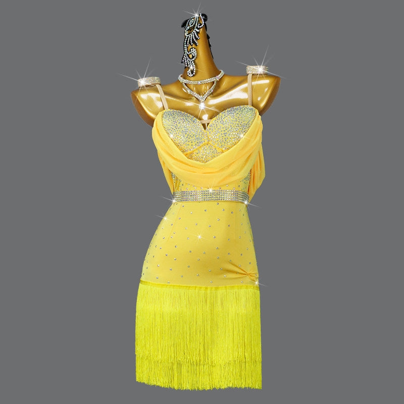 Yellow Rhinestone Latin Dance Dress Crystal Fringe Ballroom Competition Outfit