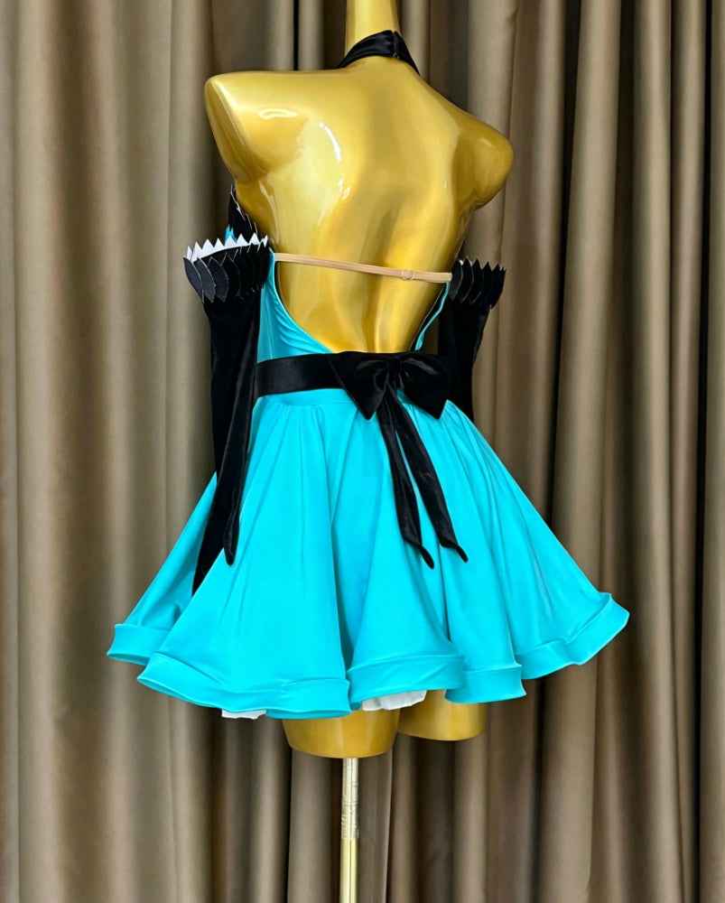 Custom Size Turquoise & Black Latin Dance Dress with Sleeves Hot Pink Salsa Dance Costume