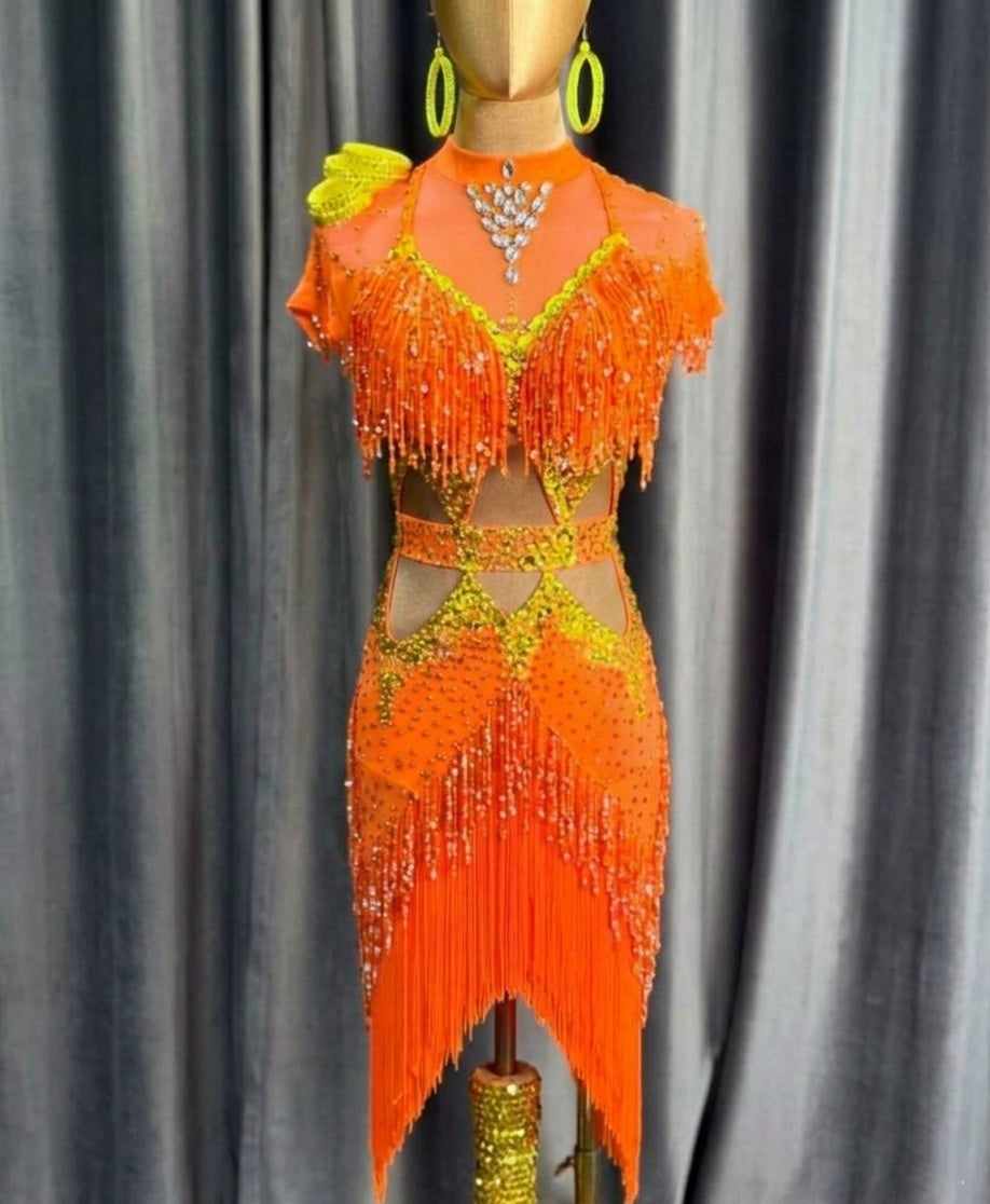 Custom Professional Pink & Gold Latin Competition Dress with Fringe & Crystals
