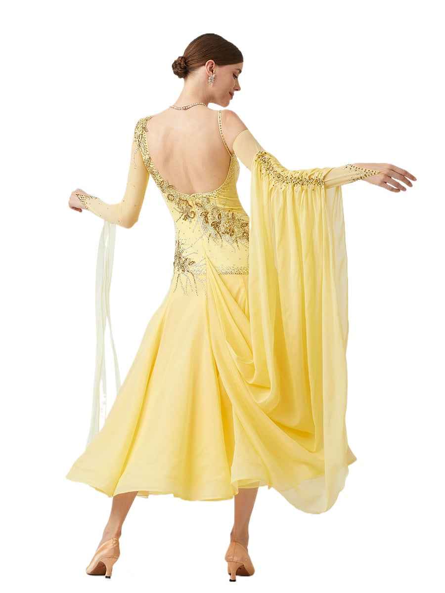 Custom Size Yellow Competition Ballroom Dance Dresses for Women One Shoulder Standard Waltz Tango Rhytm Smooth Dance Long Gown - Moderndancedress.com