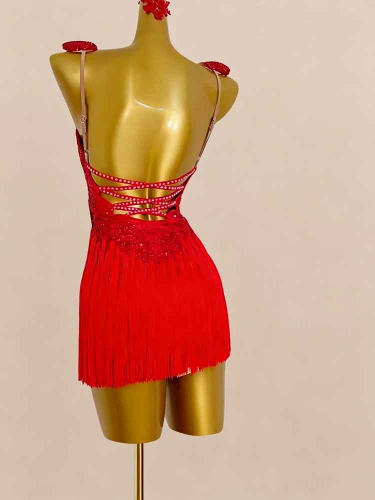 Custom Size Fuchsia Fringe Latin Dance Dress Salsa Rumba Chacha Performance Costumes