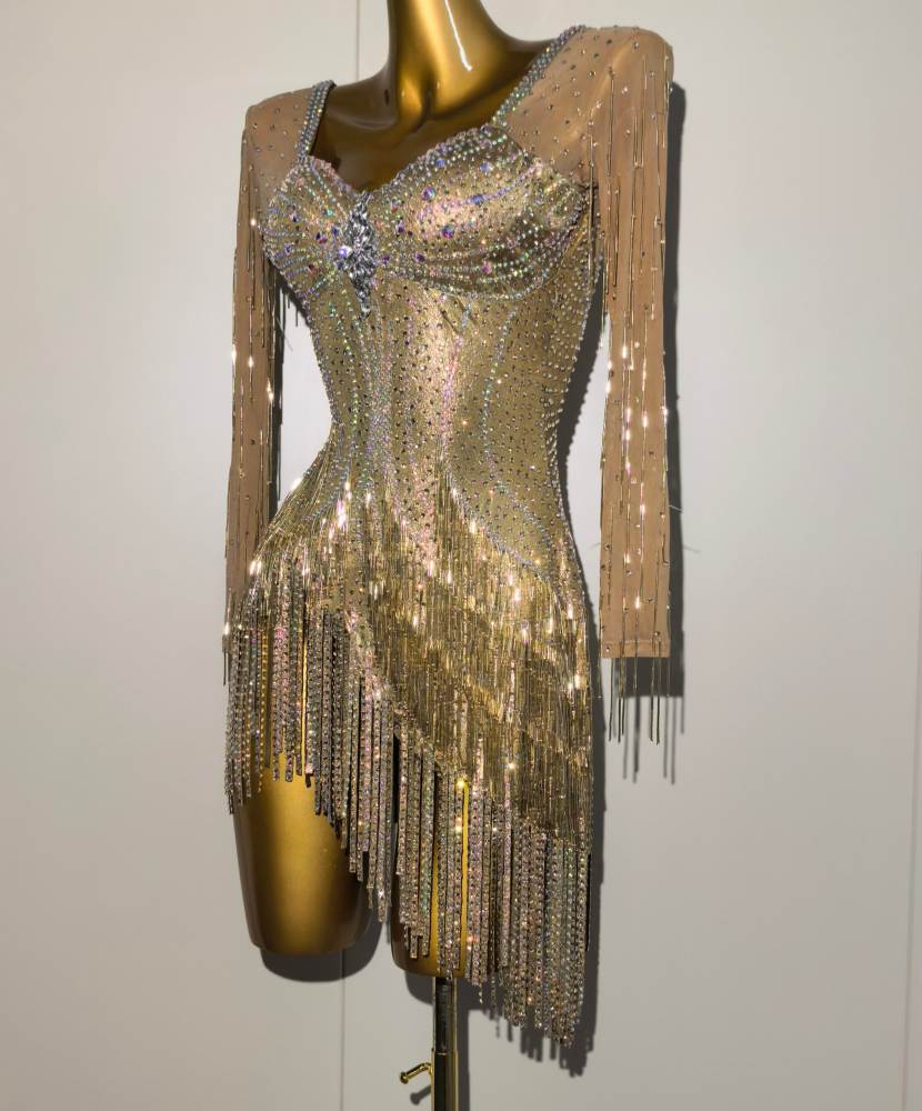 Custom Gold Fringe Latin Competition Dress with Sparkly Crystals