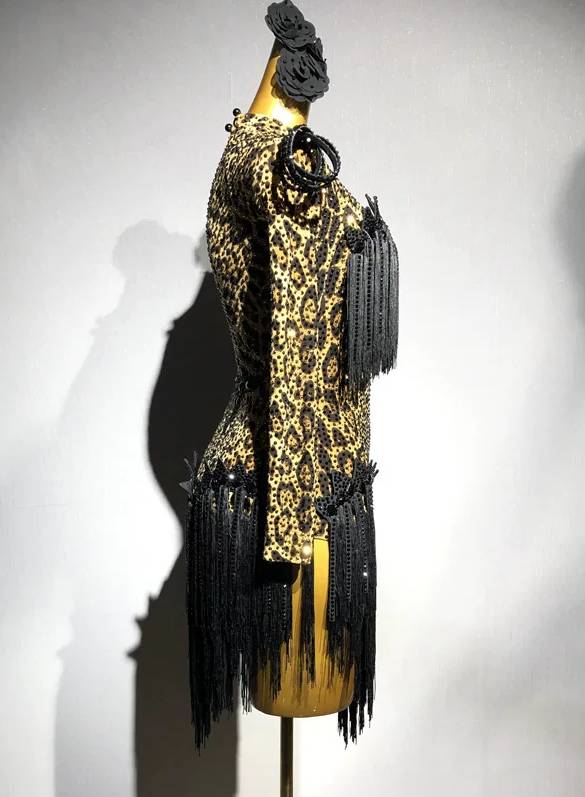 Custom Leopard Latin Dance Dress Black Fringe Salsa Competition Costume
