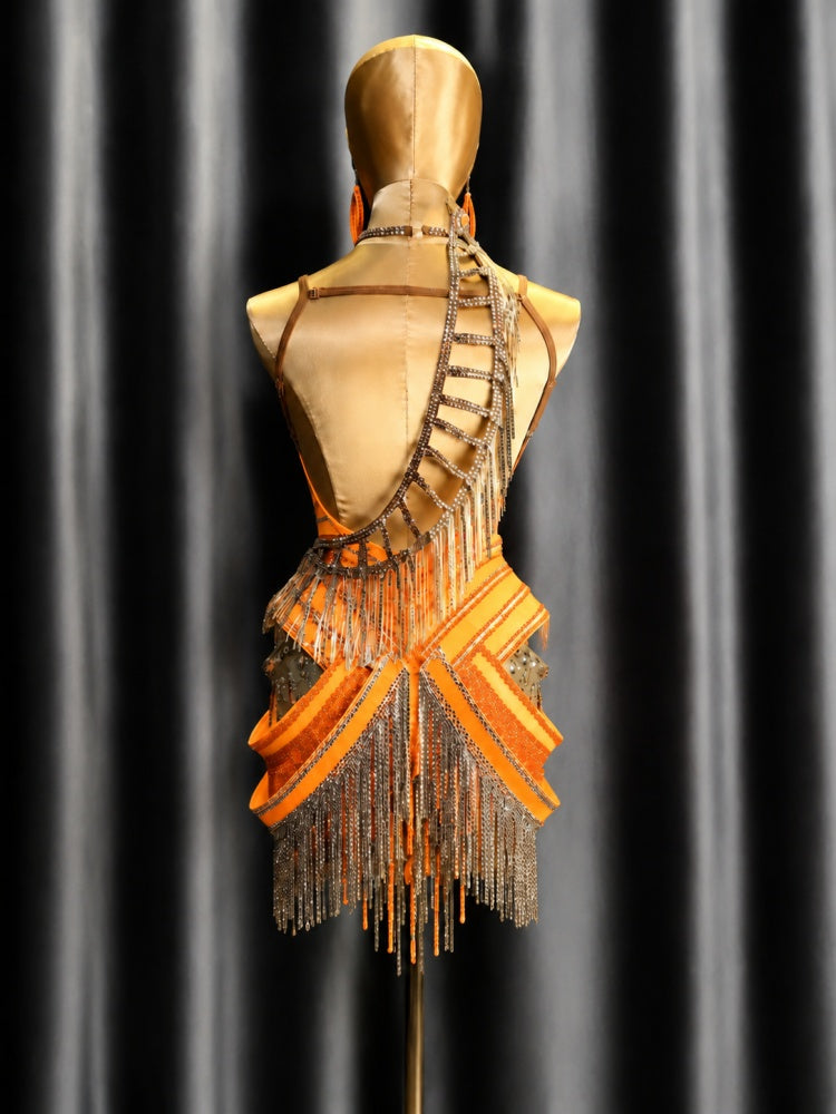 Custom Orange Latin Dance Dress for Competition | Gold Rhinestone Fringe Blackpool Costume
