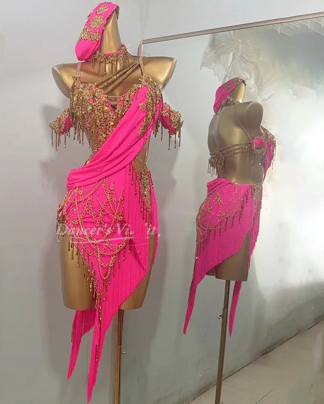 Custom Size Pink Fringe Latin Dance Dresses for Women Girls Salsa Rumba Chacha Dance Costumes