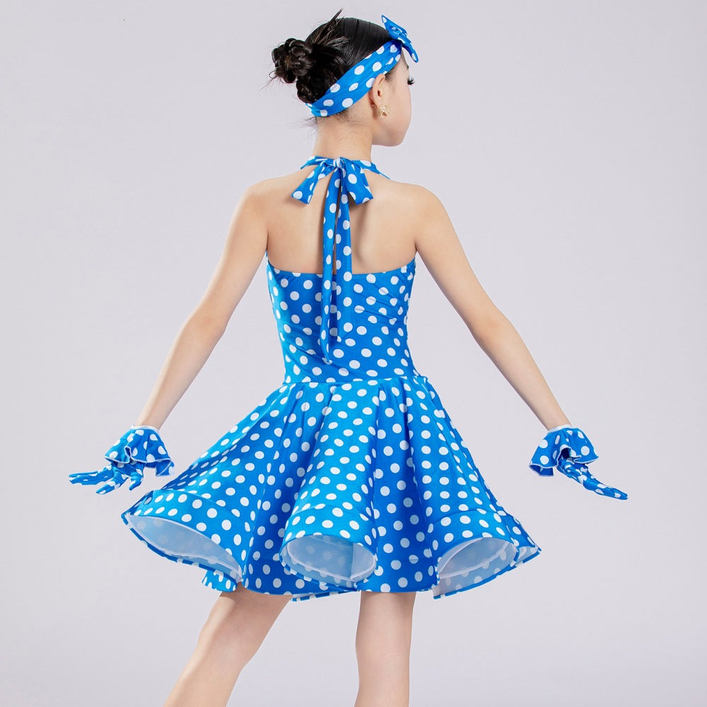 Blue & Red Polka Dot Latin Dance Dress for Girls - Professional Ballroom Performance Outfit