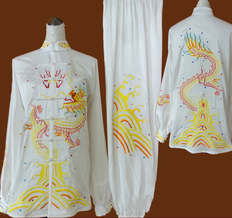 Embroidered dragon Tai Chi martial arts competition clothing for men women white wushu clothing practice clothes team performance clothing - Moderndancedress.com