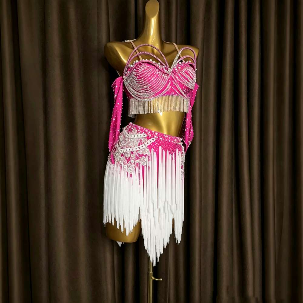 Custom Size Blue Fuchsia White Fringe Competition Latin Dance Dress Crystal Blackpool Dance Wear