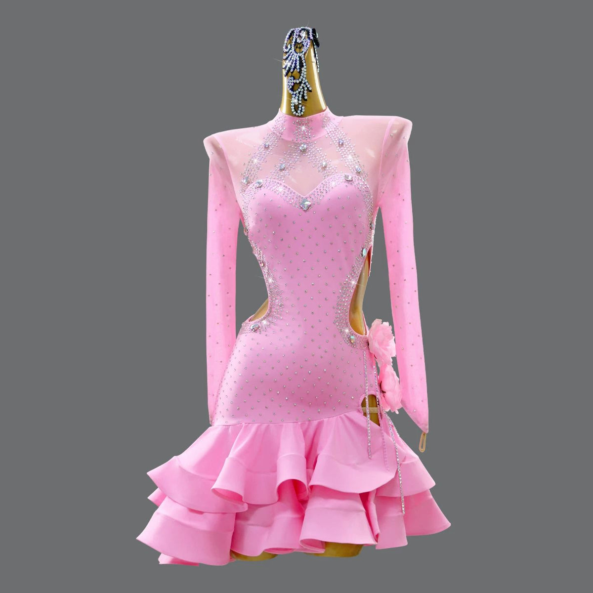 Custom Size Competition Girls Latin Dance Dresses Pink Flowers Latin Perform Costumes