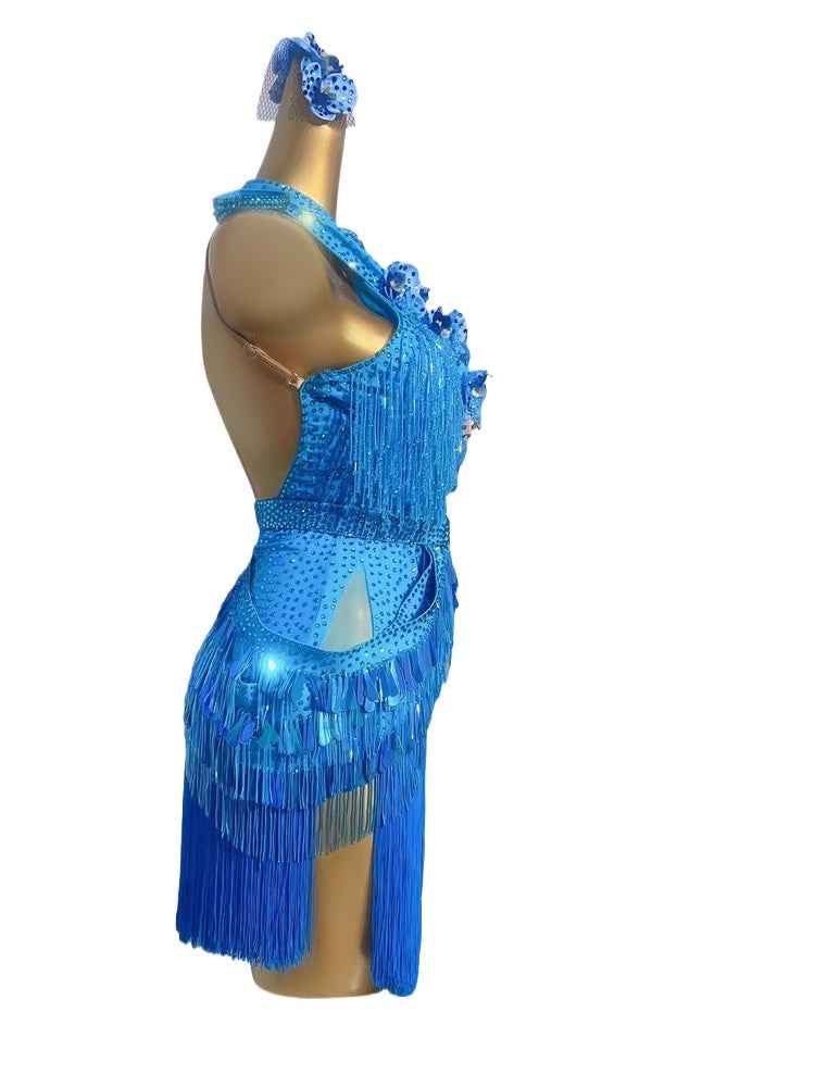 Custom Size Blue Latin Dance Dresses for Women Girls Dark Green Salsa Rumba Chacha Latin Costumes