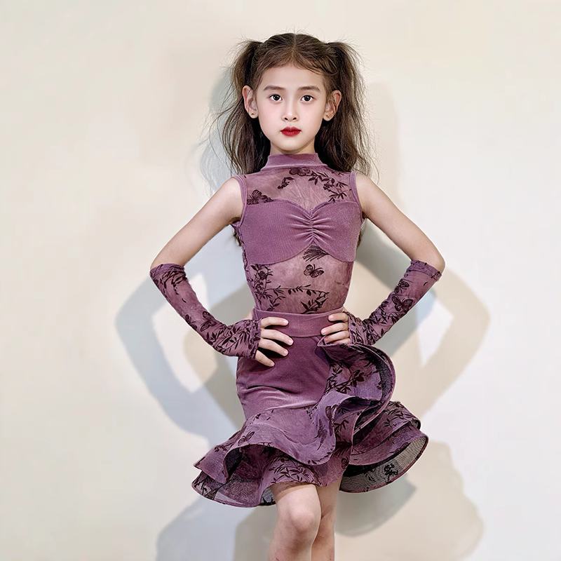 Blue Black Lace Girls Latin Dance Dresses Salsa Rumba Chacha Latin Dance Costumes for Children