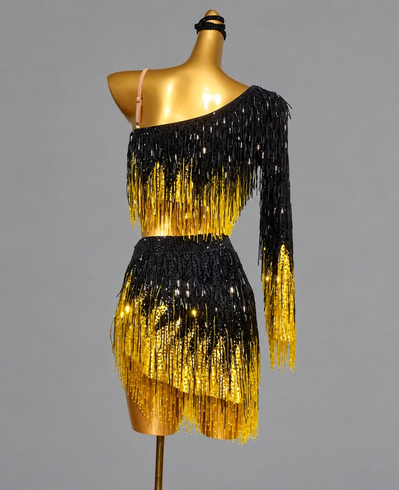 Custom Black and Gold Tassel Competition Latin Dance Dress Sparkly Rhythm Salsa Costume