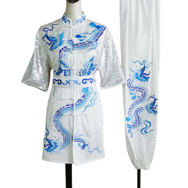 Martial Arts Clothes for Unisex White Dragon Embroidery Professional Wushu Tai Chi Uniform Changquan Student Competition Suit - Moderndancedress.com