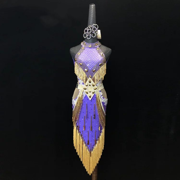 Lavender & Gold Halter Latin Dance Dress - Luxury Rhinestone Fringe Competition Wear