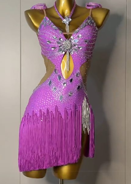 Custom Coffee Latin Dance Competition Dress Rhinestone Rhythm Slsa Chacha Gown