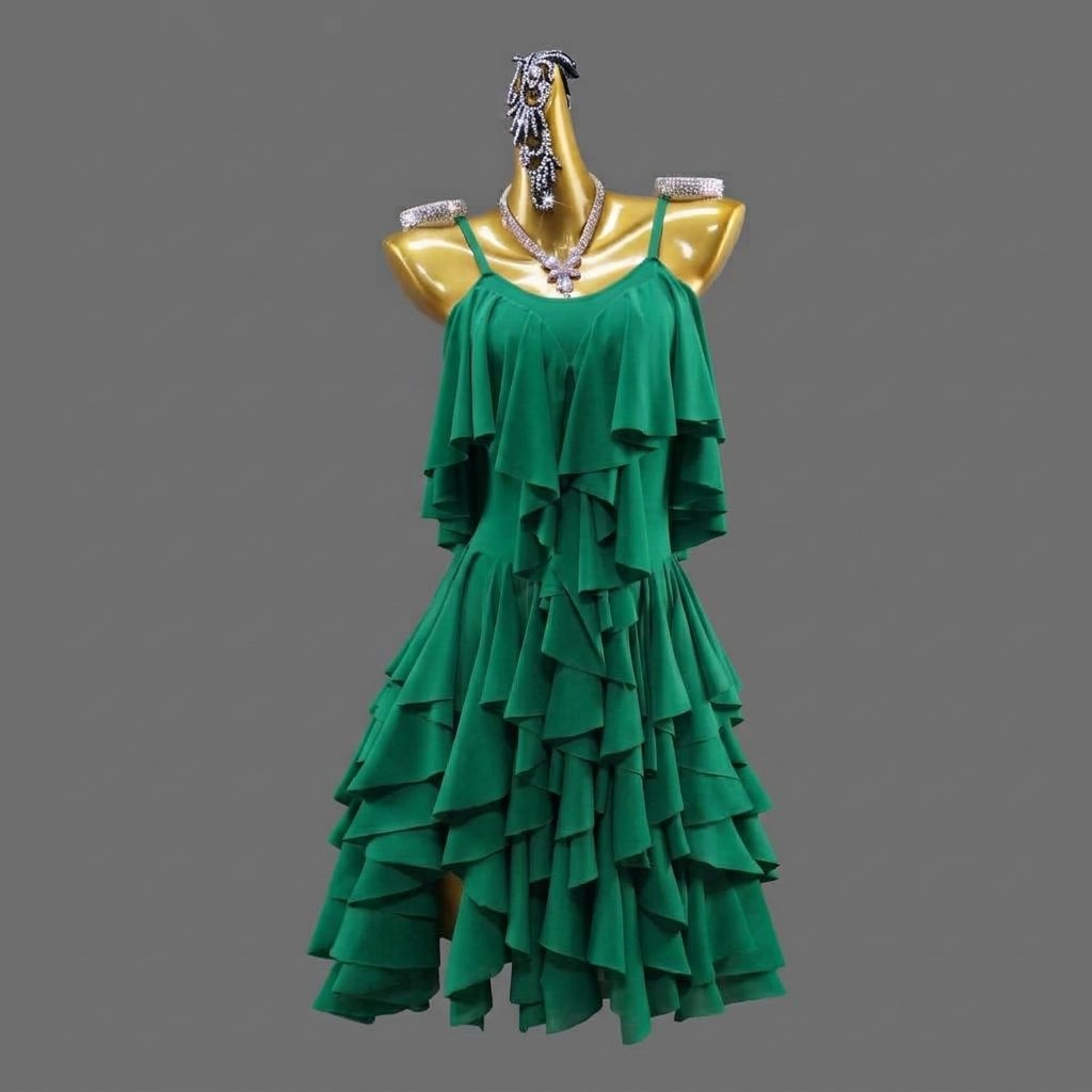 Custom Orange Latin Dance Competition Dress Tiered Ruffle Fringe Salsa Gown