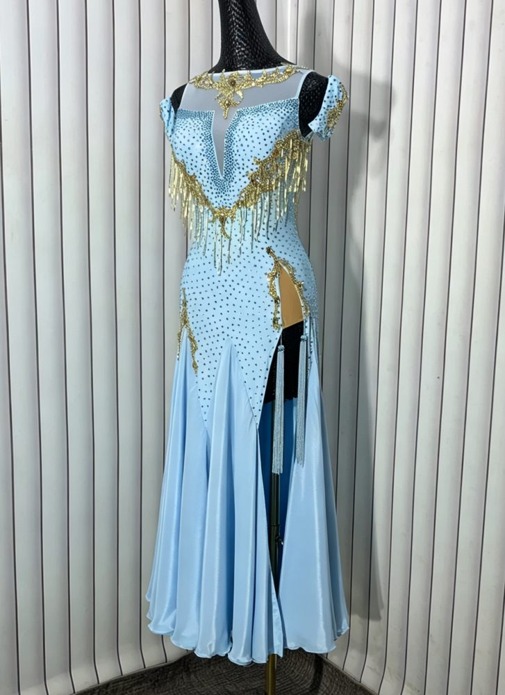 Custom Light Blue American Smooth Dance Dress with Gold Fringe Rhinestones Waltz Gown