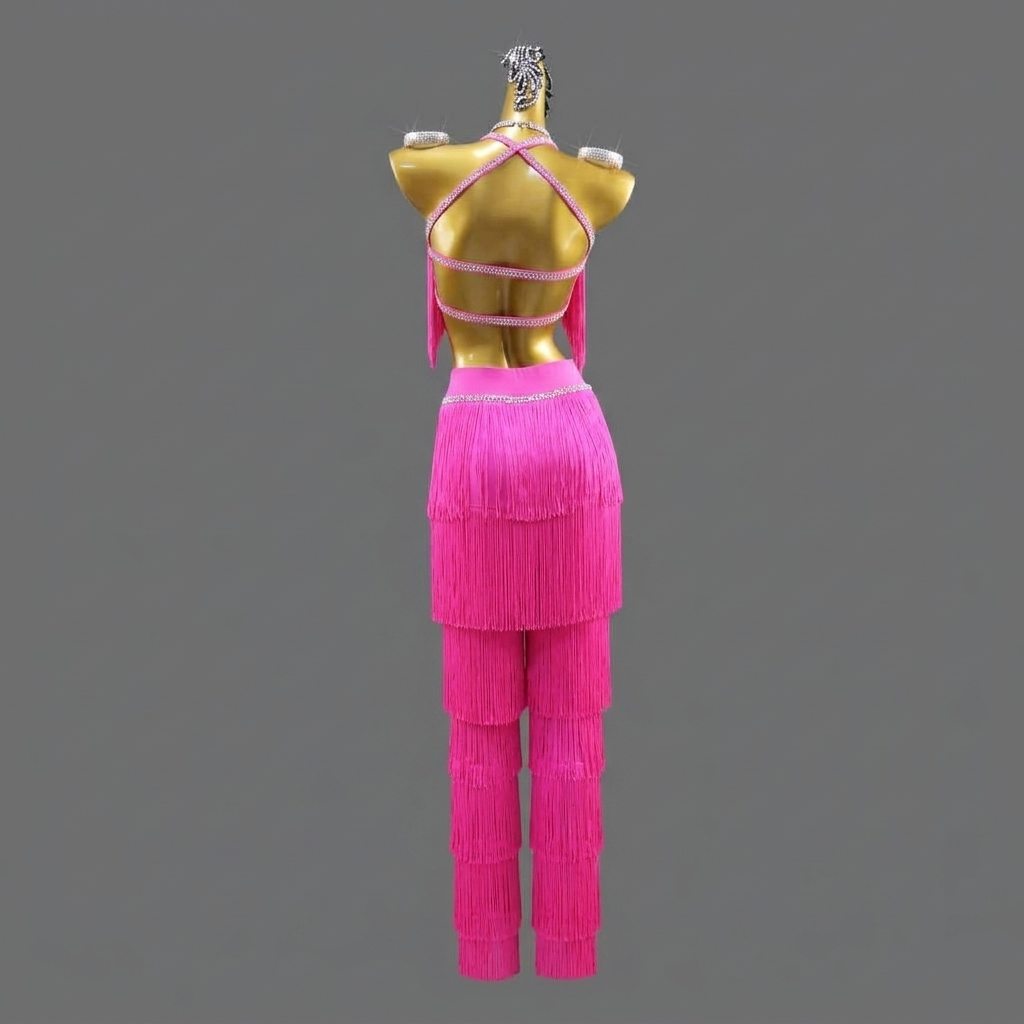 Kids Hot Pink Latin Dance Pants Set Girls Two-Piece Fringe Competition Suit