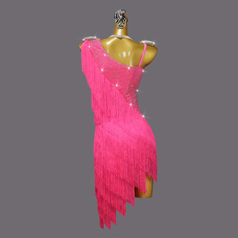 Professional fuchsia gemstones competition Latin Dance dresses for women girls slant neck Contest Show Flower solo Dance Tassel costumes - Moderndancedress.com