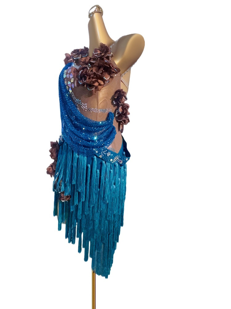 Custom Size Blue Flesh Crystal Competition Latin Dance Dresses for Women Salsa Black Pool Chacha Performance Costumes - Moderndancedress.com