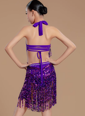 Latin Dance Dresses for Girls Silver Red Purple Sequin Fringe Latin Salsa Chacha Ballroom Performance Costumes for Children - Moderndancedress.com