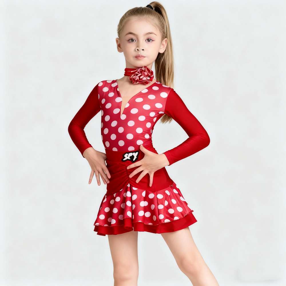 Girls Latin Dance Dresses for Kids Children Red Polka Dot Salsa Rumba Chacha Latin Dance Performance Clothes