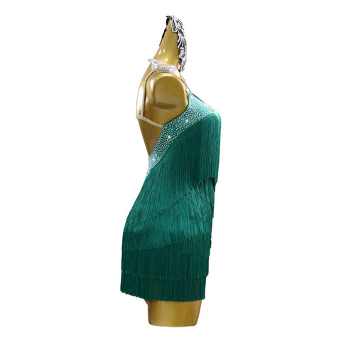 Women girls dark green fringe competition Latin Dance Dress salsa rumba chacha jive latin dancing Clothing Blackpool outfits