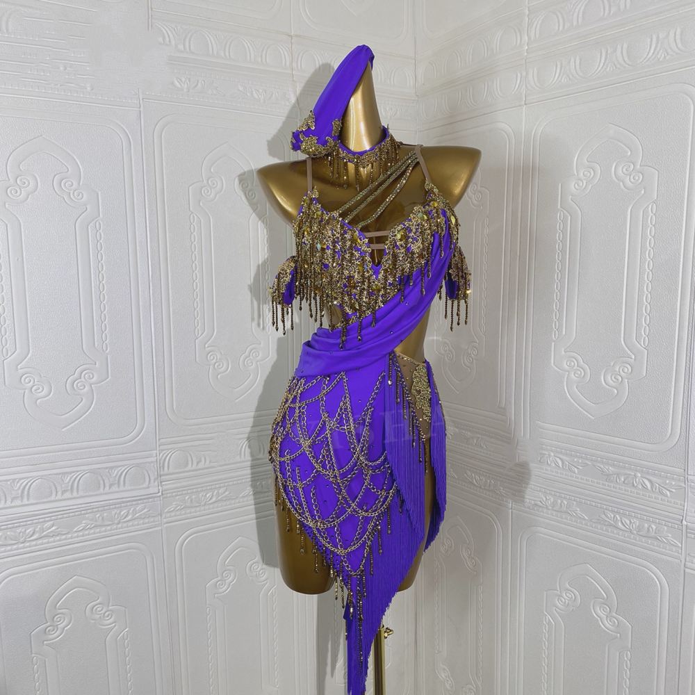 Custom Size Violet Competition Latin Dance Dresses for Women Salsa Rumba Chacha Samba Ballroom Performance Costumes