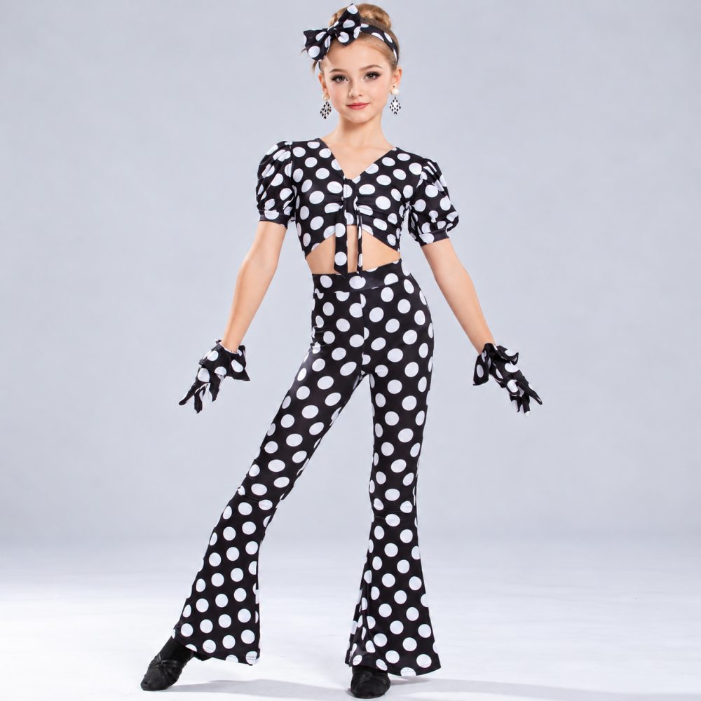 Girls Black & White Polka Dot Latin Dance Pants Set with Headband & Gloves