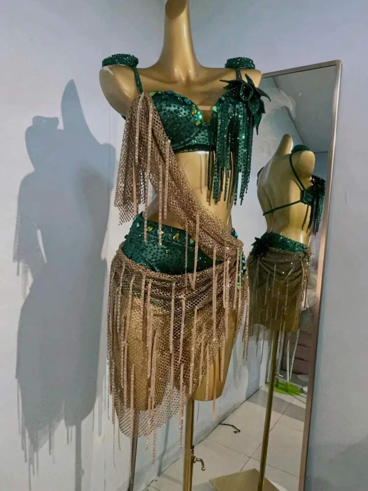 Custom Size Emerald Green with Gold Bling Compeititon Latin Dance Dress Blackpool Performance Costumes