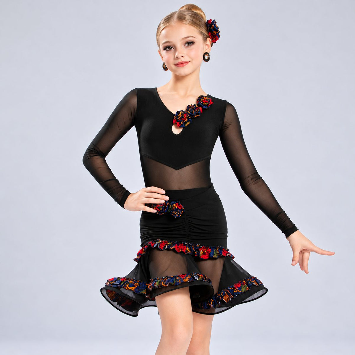 Girls Black Ballroom Latin Dance Dress with Vintage Floral Ruffle Trim