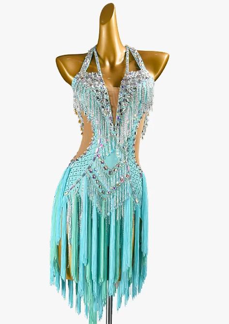 Custom Competition Crystal Blue Latin Dance Dress Salsa Rumba Dancing Costume