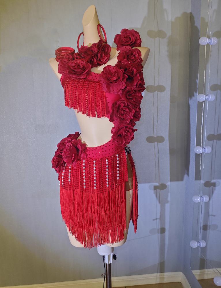 Custom Size Red Competition Latin Dance Rose Flowers Salsa Rumba Chacha Performance Dance Costumes