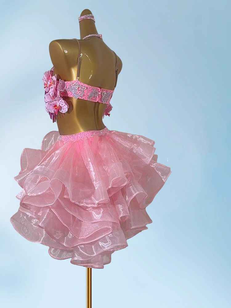 Custom Size Pink Ruffles Latin Dance Dresses for Women Girls Salsa Chacha Rumba Latin Professional Art Test Dance Outfits
