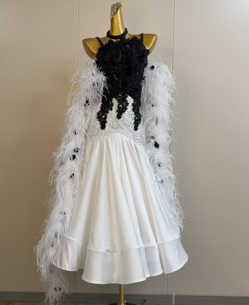 Custom Black and White Ballroom Dance Dress with Ostrich Feathers & Crystals Smooth Dancing Gown