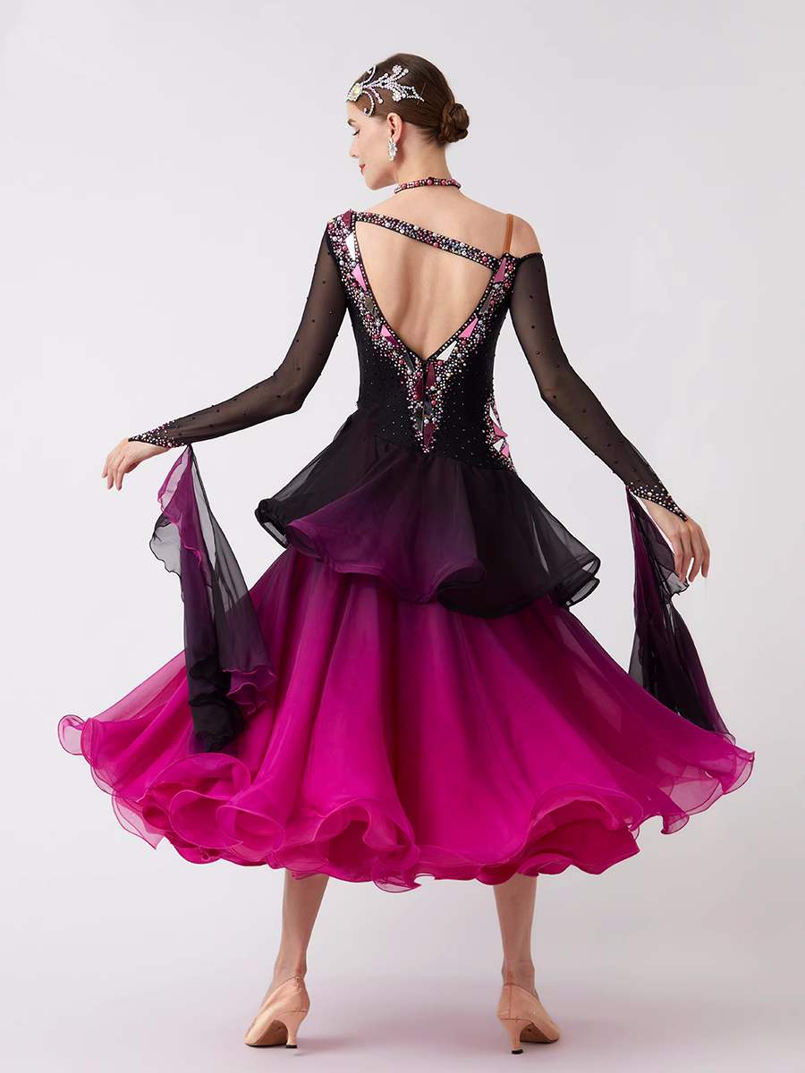 Custom Size Competition Ballroom Dance Dresses for Women Girls Fuchsia Black Waltz Tango Performance Long Gown - Moderndancedress.com