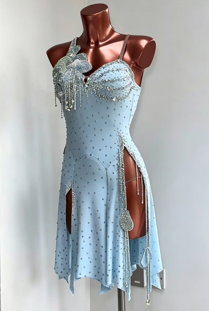 Custom Orange Sparkling Crystals Latin Competition Dress Salsa Dance Gown