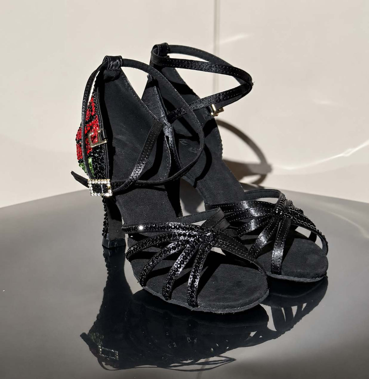 Black Latin Dance Shoes with Red Rose Rhinestone Heel Salsa Chacha Performance Sandal