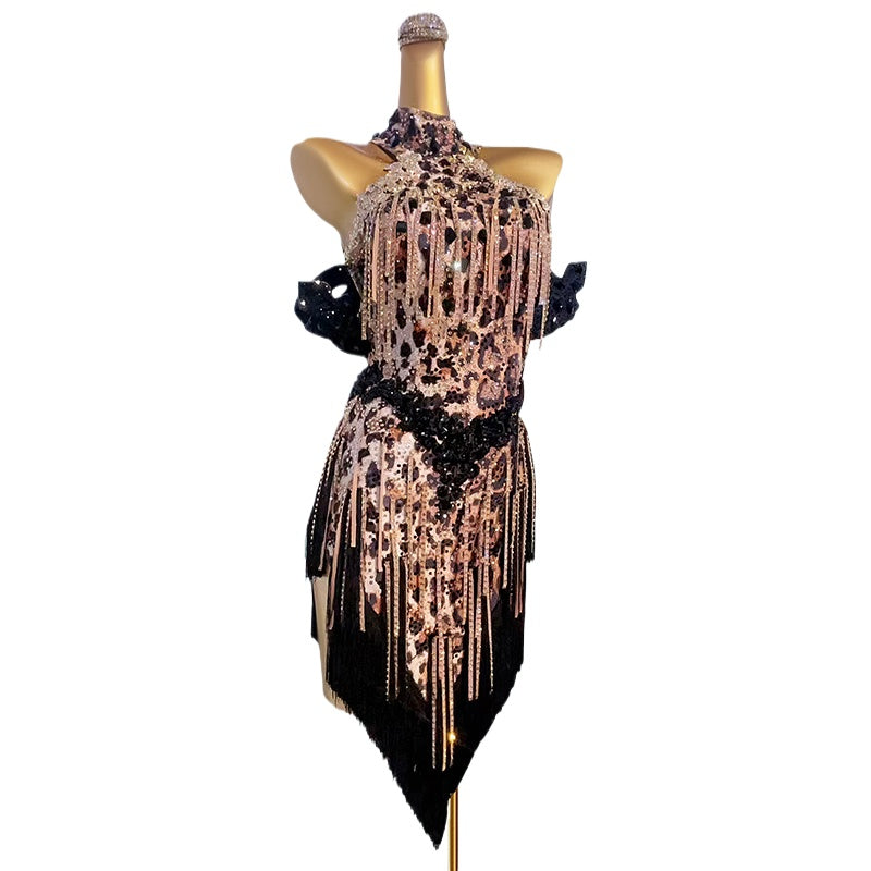 Custom Size Leopard Competition Latin Dance Dresses for Women Diamond Salsa Rumba Chacha Performance Costumes - Moderndancedress.com