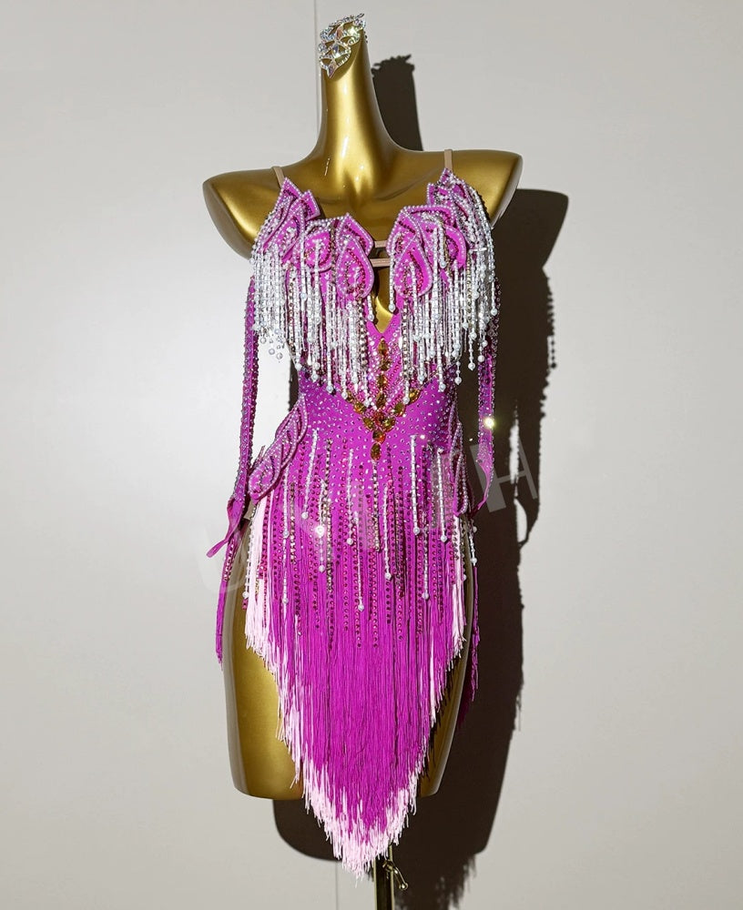 Customized Size Fuchsia Latin Dance Dress Salsa Cha Cha Dance Costumes