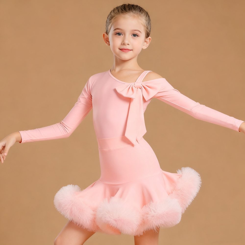 Girls Latin Dance Dresses Kids Pink Bowknot Slant Neck Salsa Rumba Chacha Latin Ball Party Performance Costumes