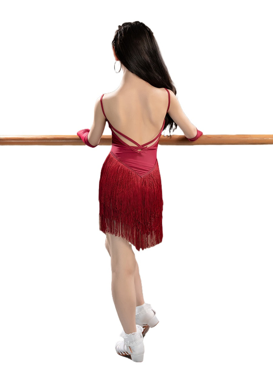 Navy Wine Fringe Latin Dance Dresses for Kids Girls Salsa Rumba Cha Cha Samba Performance Costumes Stage Performance Wear