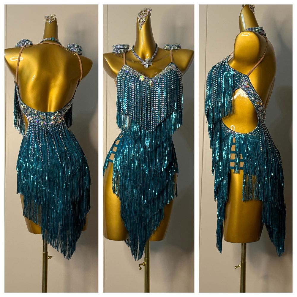 Custom Blue Latin Dance Dress with Sequin Fringe Rhinestone Salsa Samba Competition Outfit
