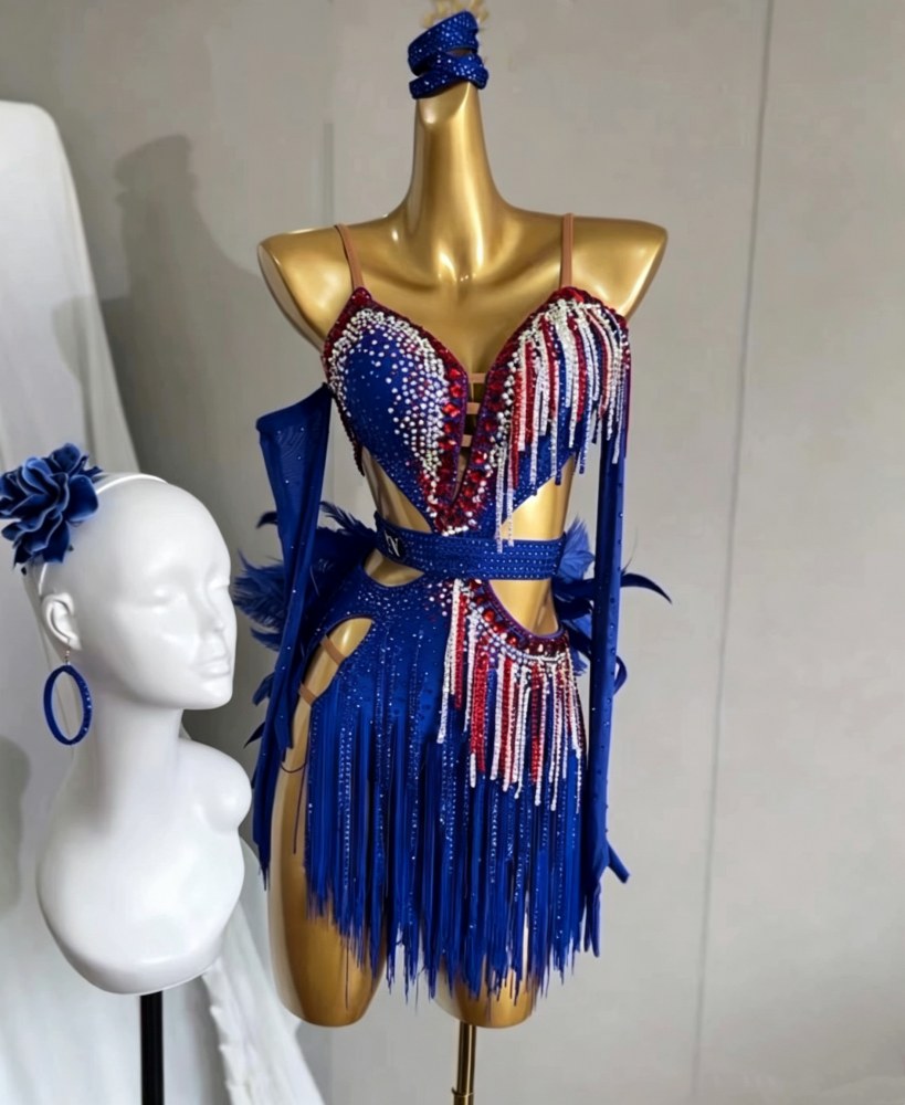 Custom Royal Blue Orange Latin Dress | Cutout Salsa Cha Cha Competition Outfit