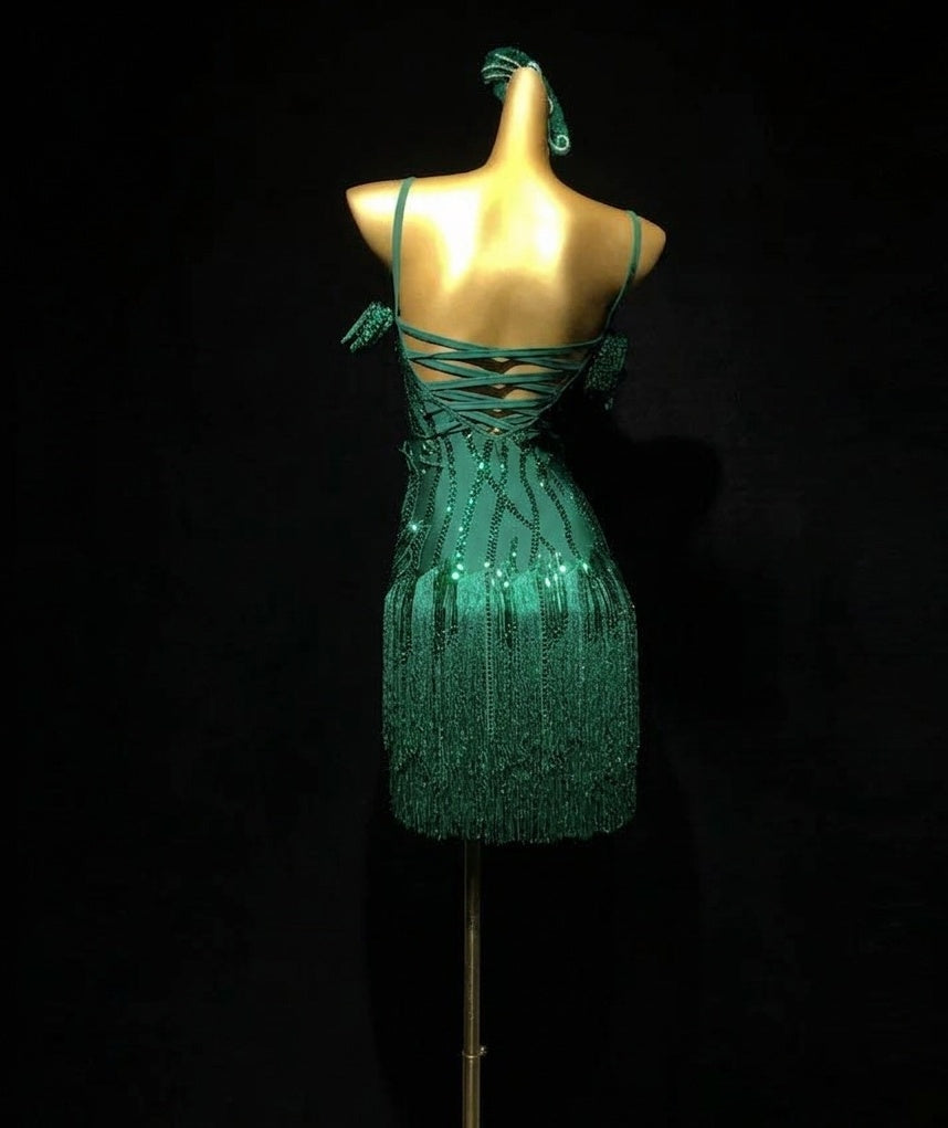 Custom Emerald Green Latin Dance Dress with 3D Petals Competition Blackpool Dancing Wear