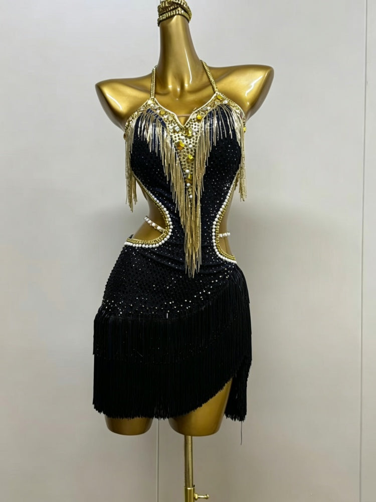 Custom Blue Orange Latin Dance Dress with Gold Fringe & Crystals
