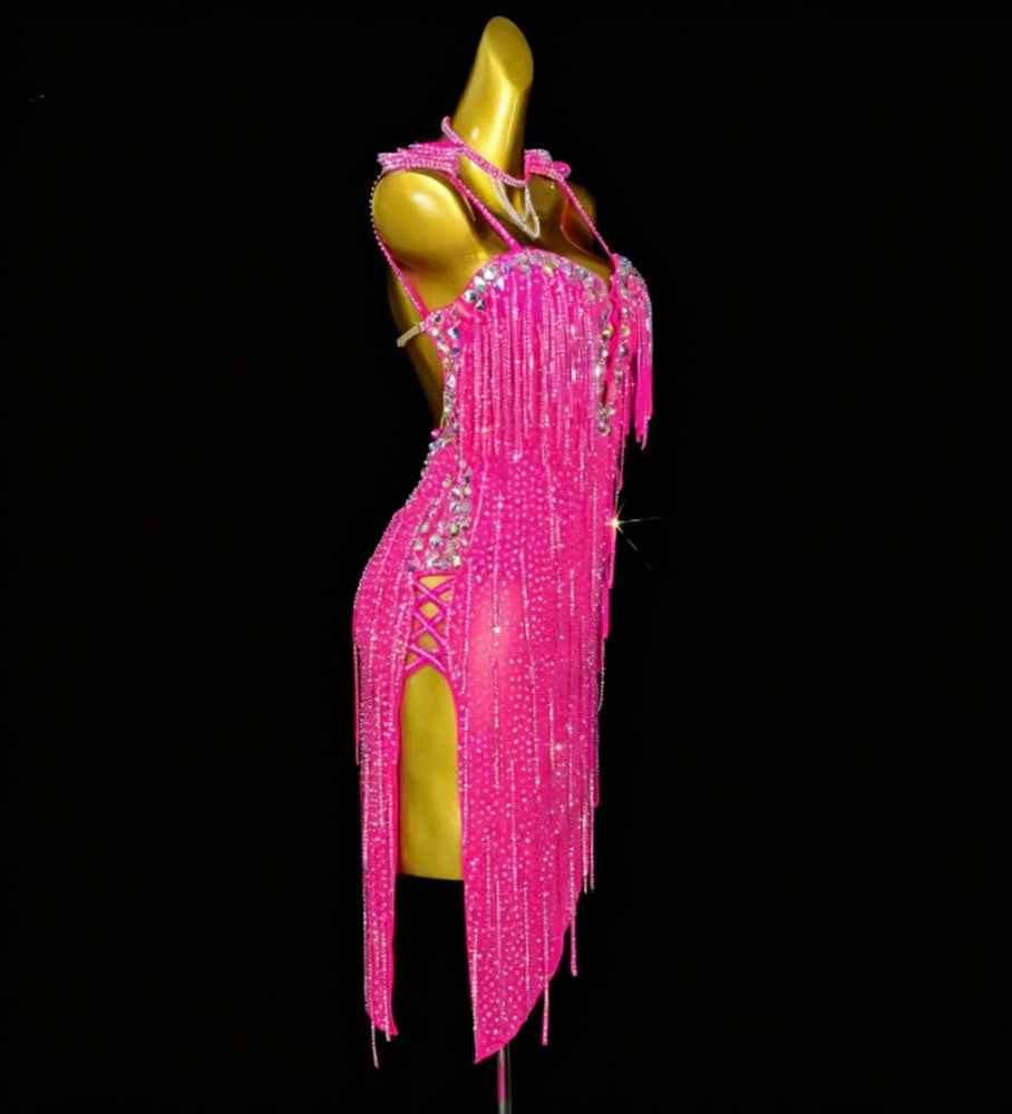 Custom Size Competition Turquoise Fuchsia Latin Dance Dress Salsa Ballroom Chacha Dance Costumes