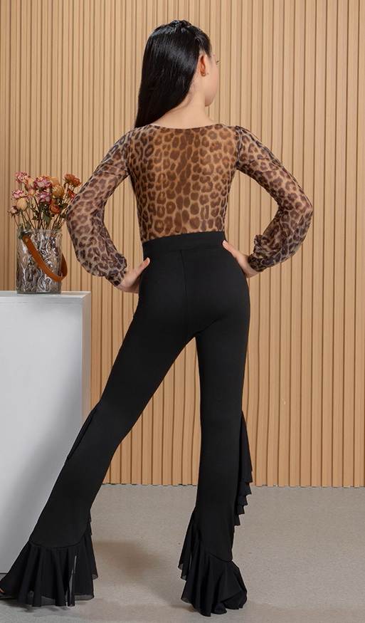 Girls Latin Dance Costumes Kids Leopard Ruffles Salsa Rumba Chacha Performance Clothes Tops and Pants