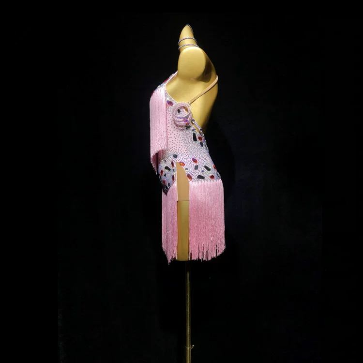 Custom Barbie Pink Latin Performance Dress - Multicolor Rhinestone Crop Top & Fringe Skirt