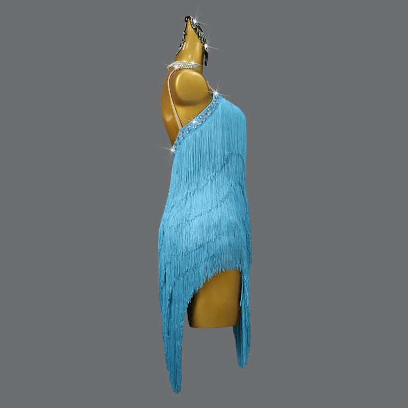Lake Blue Latin Dance Dress with Tiered Fringe & Rhinestone Bodice